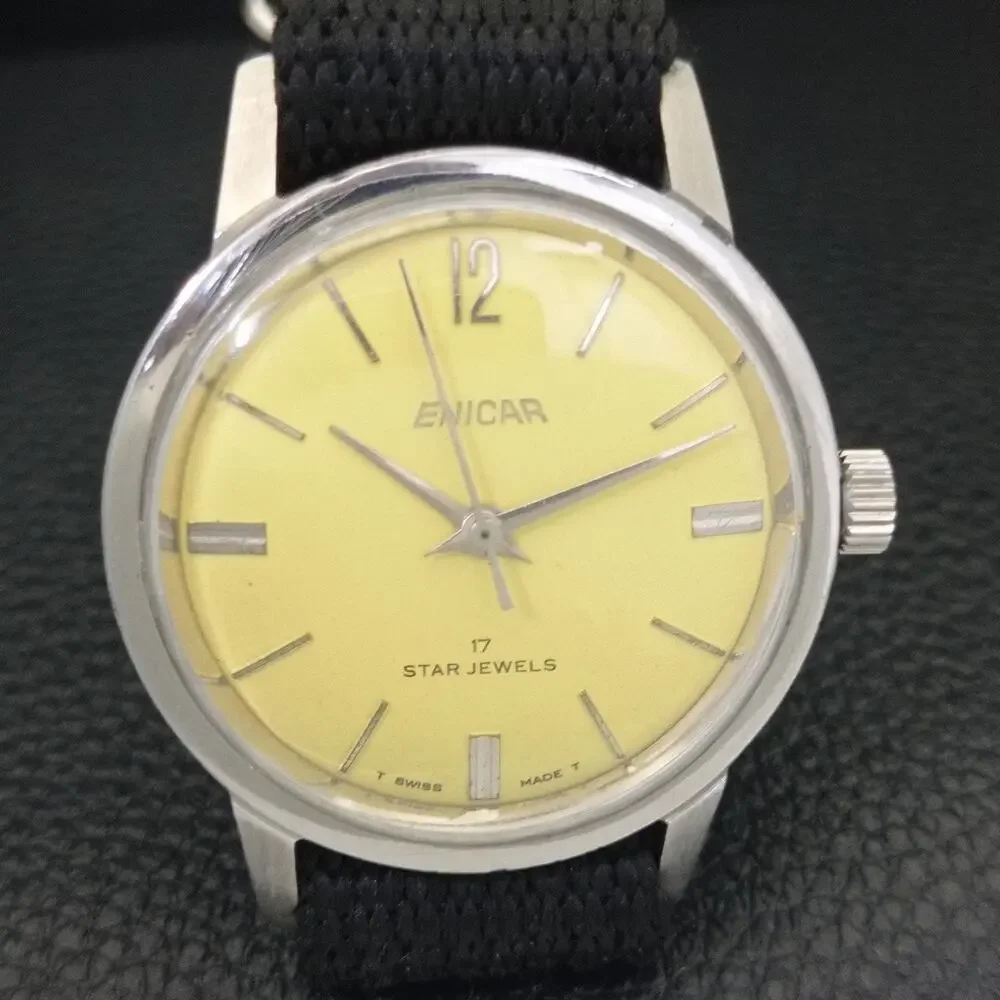 Vintage 1984 Enicar Automatic Mens Silver Watch & Yellow accents